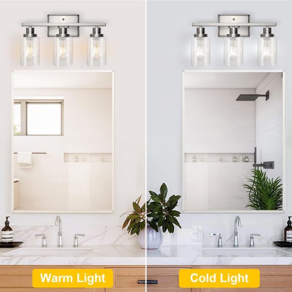 Ascher Bathroom Vanity Light Fixtures, 3 Light Wall Sconces Lighting with Clear Glass Shade, Brushed Nickel Wall Lights for Mirror, Kitchen, Living Room, Gallery, E26 Base (Bulbs Not Included) - Image 6