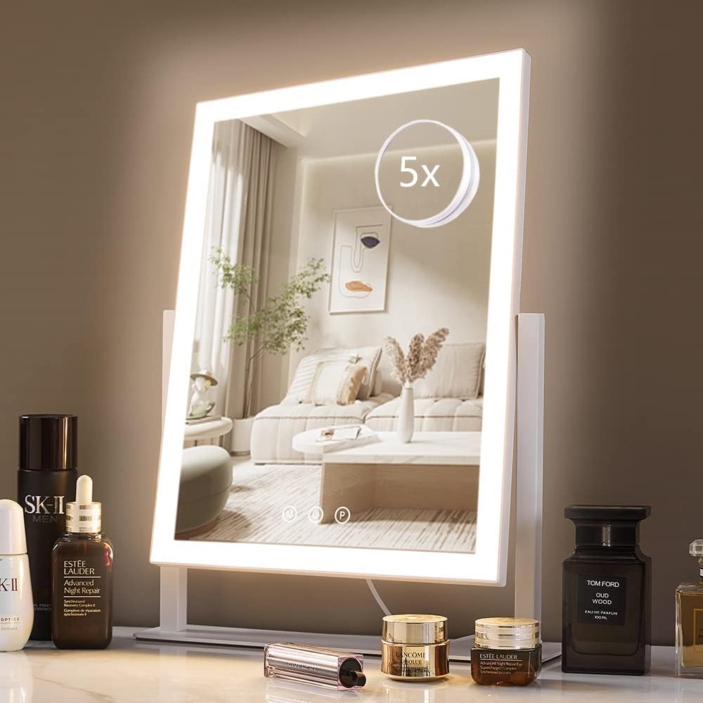 HIEEY Lighted Makeup Mirror, Hollywood Vanity Mirror with Lights, Three Color Lighting Modes, and 5X Magnification Mirror, Smart Touch Control, 360°Rotation (17.3in. White)