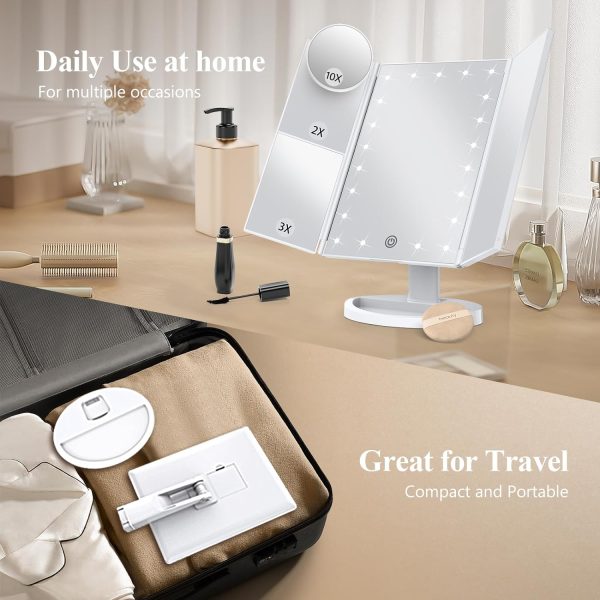 Makeup Mirror Vanity Mirror with Lights, 2X 3X 10X Magnification, Lighted Makeup Mirror, Touch Control, Trifold Makeup Mirror, Dual Power Supply, Portable LED Makeup Mirror, Women Gift (White) - Image 5