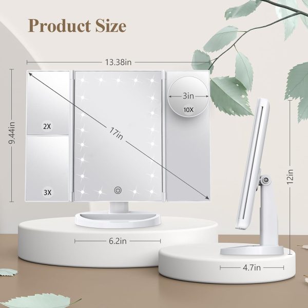 Makeup Mirror Vanity Mirror with Lights, 2X 3X 10X Magnification, Lighted Makeup Mirror, Touch Control, Trifold Makeup Mirror, Dual Power Supply, Portable LED Makeup Mirror, Women Gift (White) - Image 6