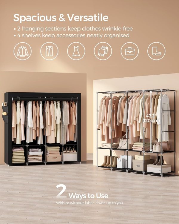 SONGMICS Portable Closet, Wardrobe Closet Organizer with Cover, 4 Hanging Rods and Shelves, 4 Side Pockets, 66.9 x 17.7 x 65.7 Inches, Large Capacity for Bedroom, Living Room, Ink Black URYG094B02 - Image 4