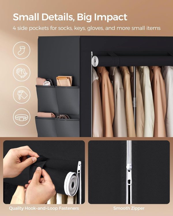 SONGMICS Portable Closet, Wardrobe Closet Organizer with Cover, 4 Hanging Rods and Shelves, 4 Side Pockets, 66.9 x 17.7 x 65.7 Inches, Large Capacity for Bedroom, Living Room, Ink Black URYG094B02 - Image 6